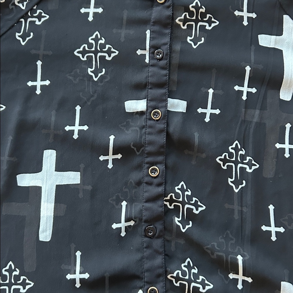 Marisol edgy Goth rock, sheer blouse cross design, black white top women’s large - Picture 11 of 14